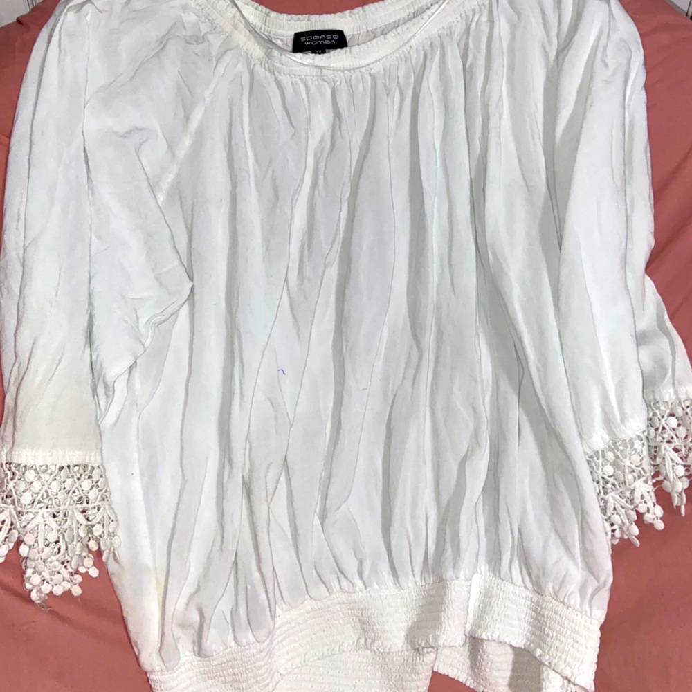 White off the shoulder scrunched up shirt